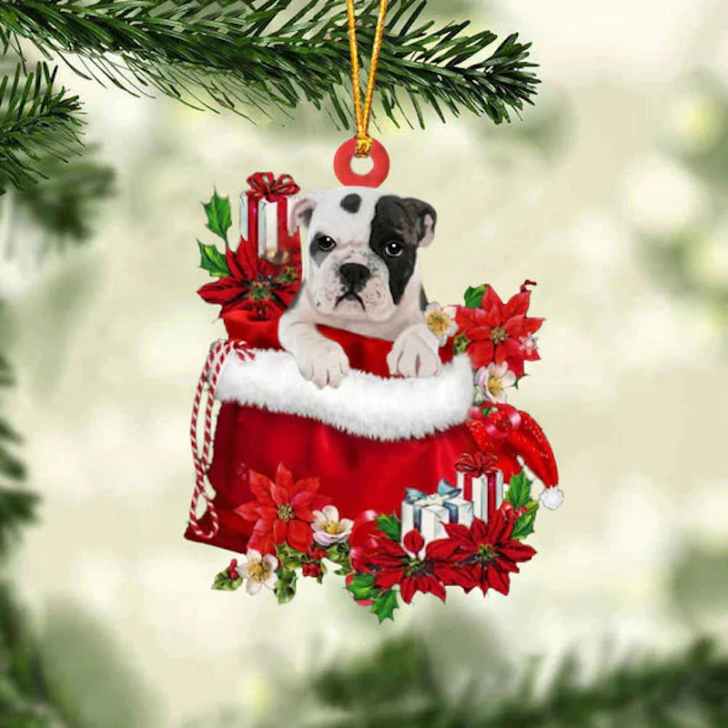 Bulldog In Gift Bag Christmas Ornament GB087