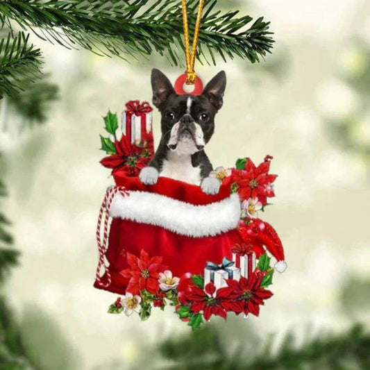 Boston Terrier In Gift Bag Christmas Ornament GB143