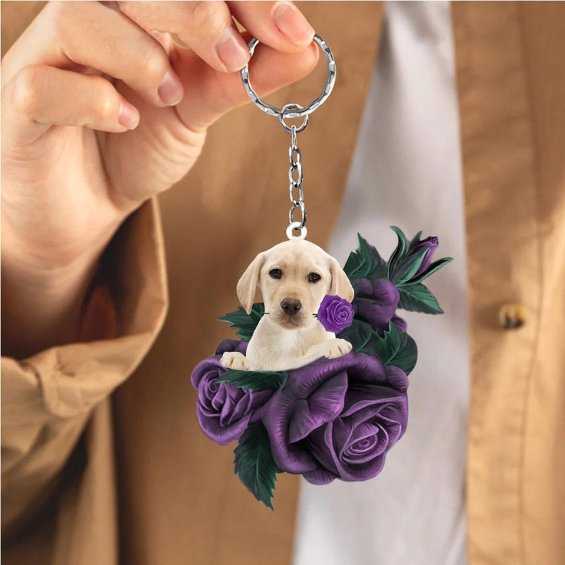 Yellow Labrador In Purple Rose Acrylic Keychain PR063