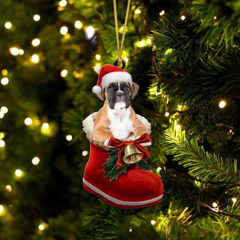 Boxer Fawn In Santa Boot Christmas Hanging Ornament SB194
